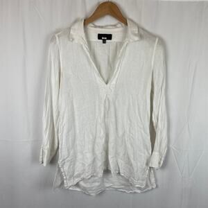 Nili Lotan Women's Emma V Neck Linen Long Sleeve White Shirt Blouse Size S